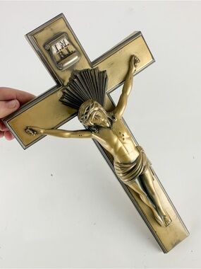Vintage Parsons Cast Metal Crucifix INRI Jesus Wall Hanging Iconography Mid Cen